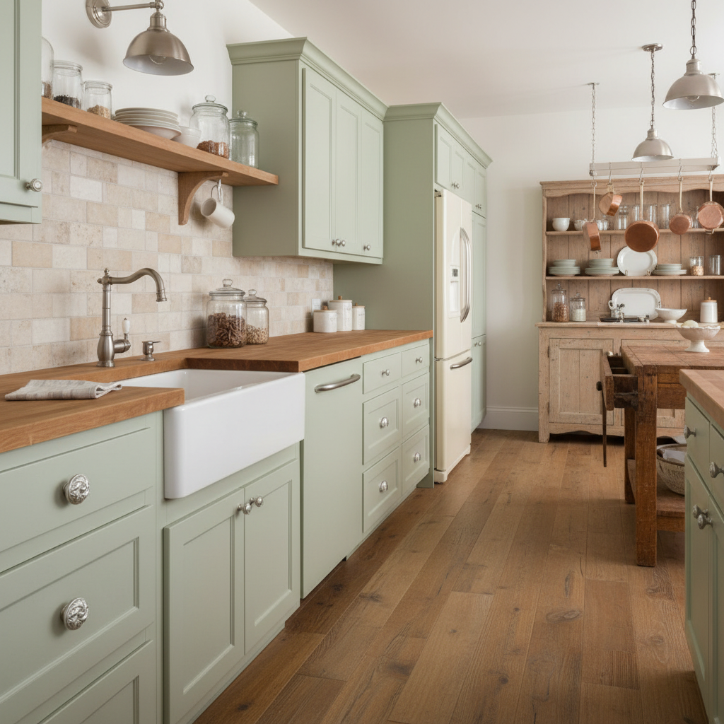 Modern kitchen with green cabinets, wooden countertops, and white appliances.