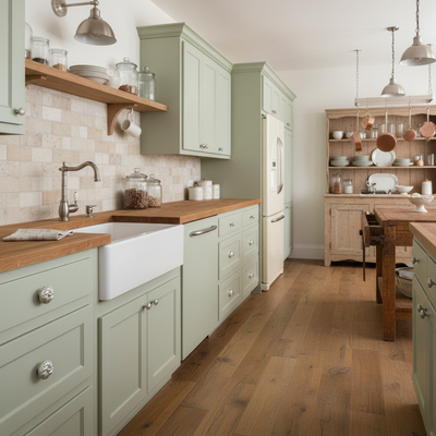 Modern kitchen with green cabinets, wooden countertops, and white appliances.