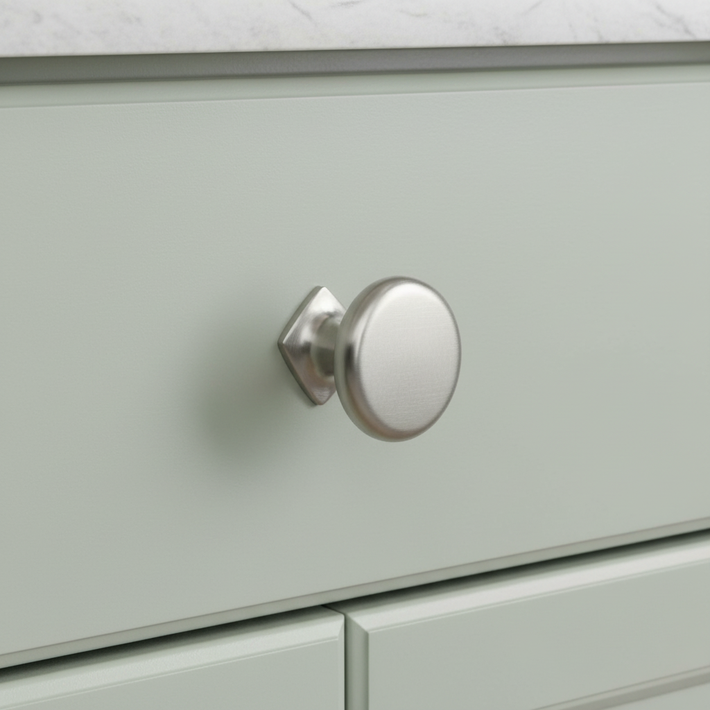 Close-up of a light green drawer with a silver knob