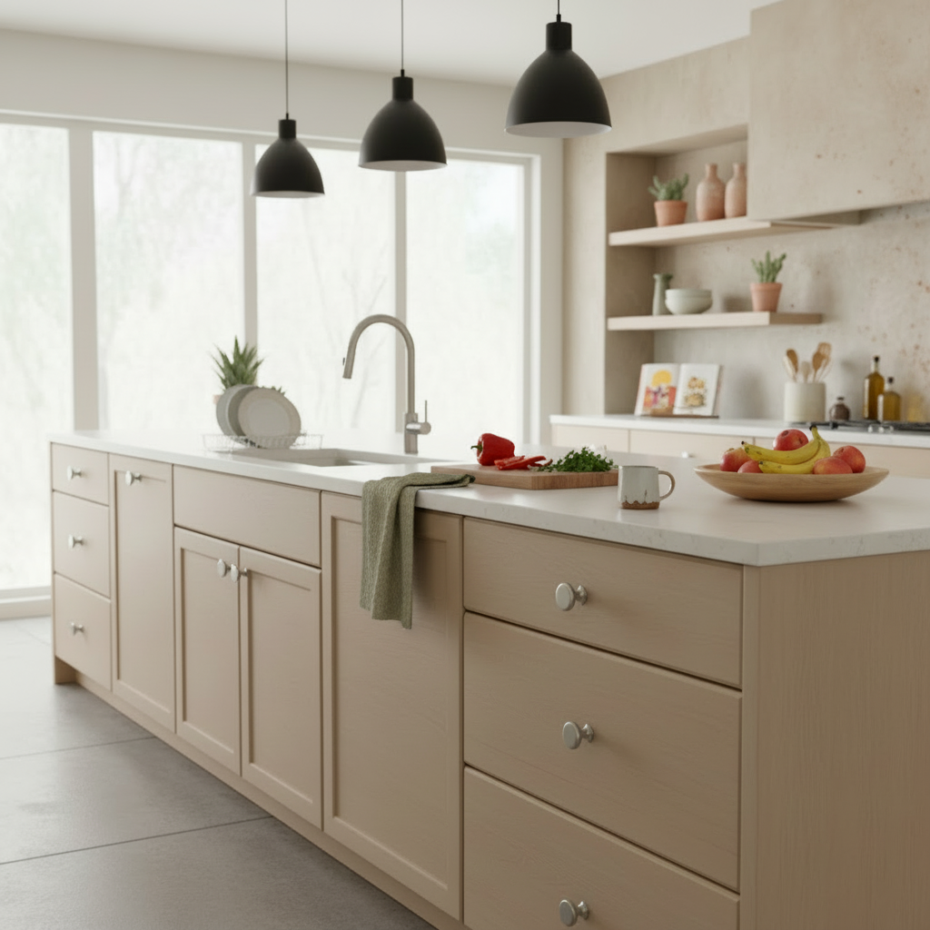 Close-up of a light green drawer with a silver knob