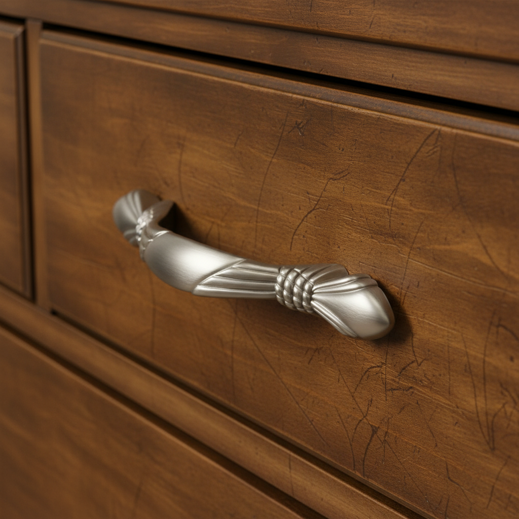 Wooden drawer with a silver handle