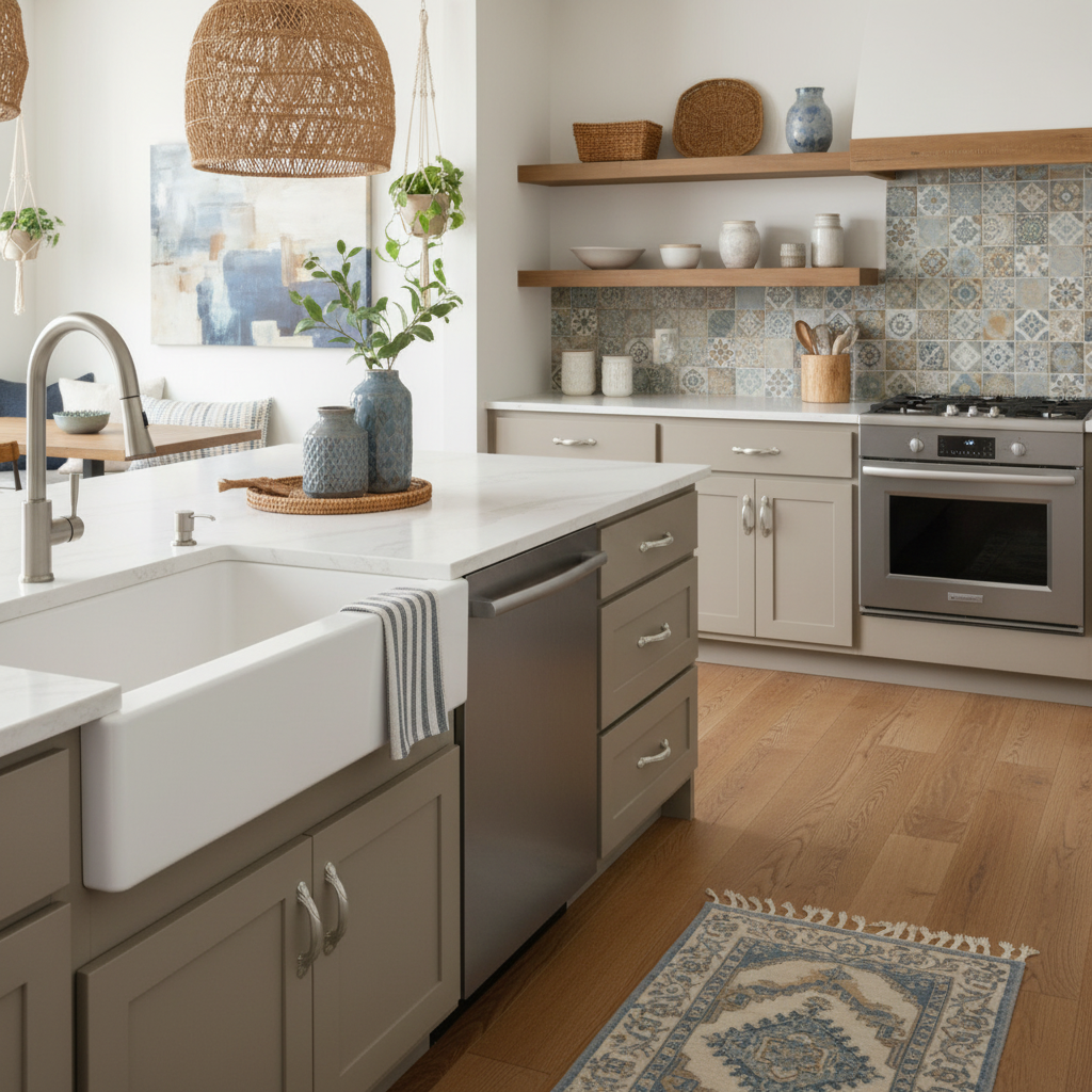 Modern kitchen with stainless steel appliances, wooden shelves, and decorative elements.