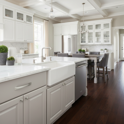 Modern kitchen with white cabinets, marble countertops, and stainless steel appliances.