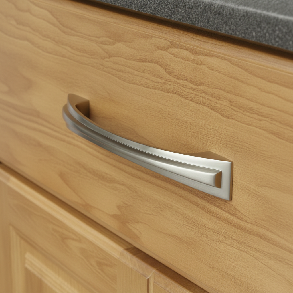 Wooden cabinet with a satin nickel handle
