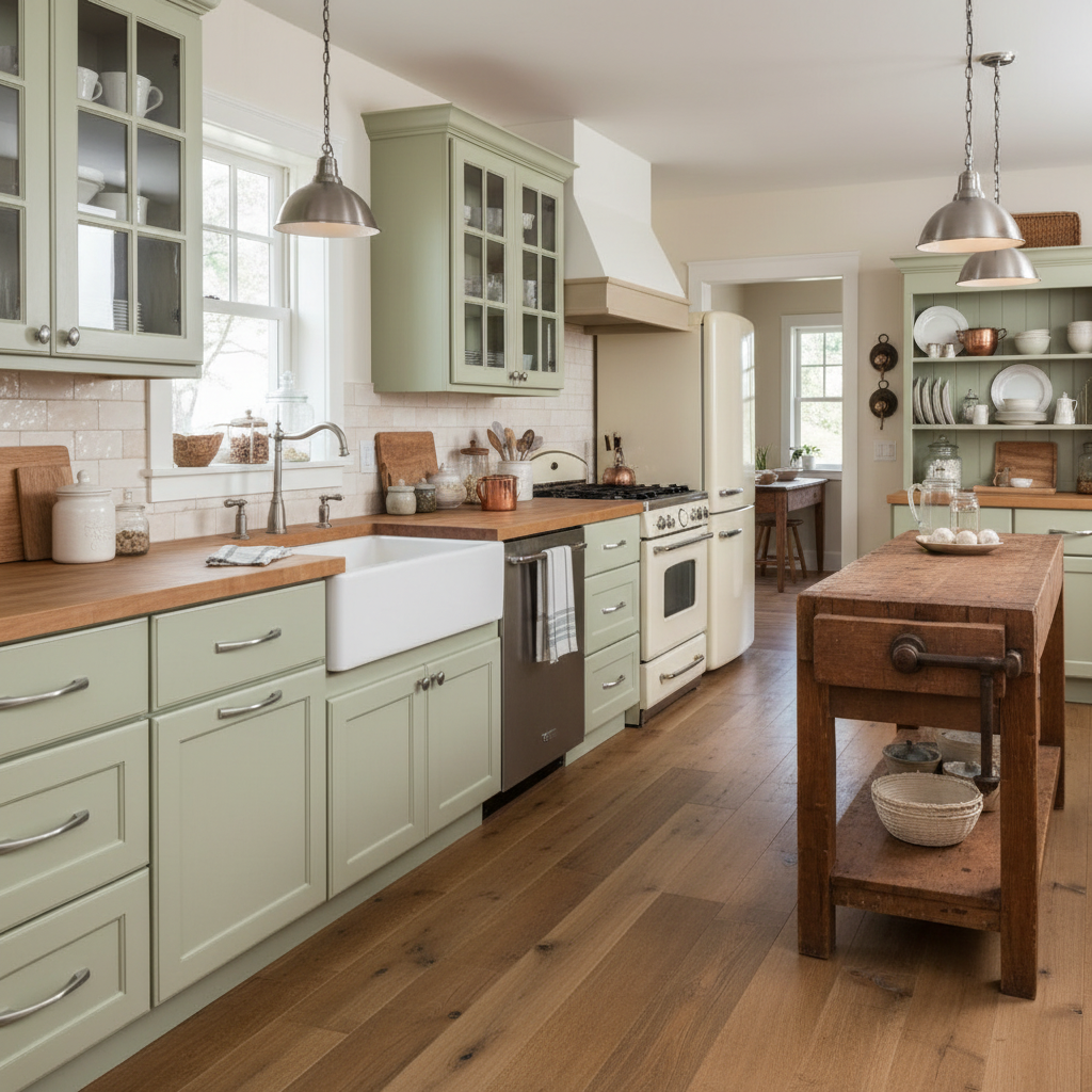 Modern kitchen with wooden floors, green cabinets, and a wooden island.