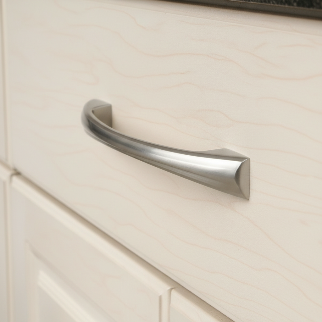 Close-up of a satin nickel cabinet handle on a light wood cabinet.