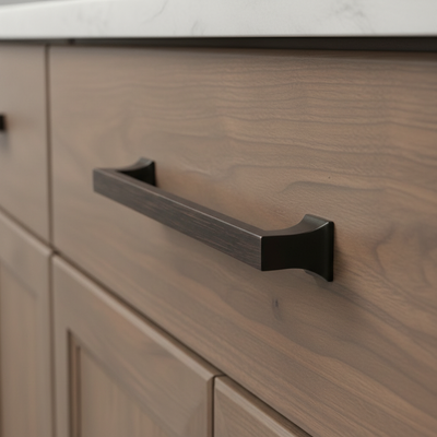 oil rubbed bronze pull on a wood cabinet 