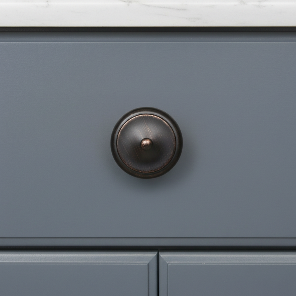 Close-up of a gray cabinet with a bronze knob on a white background