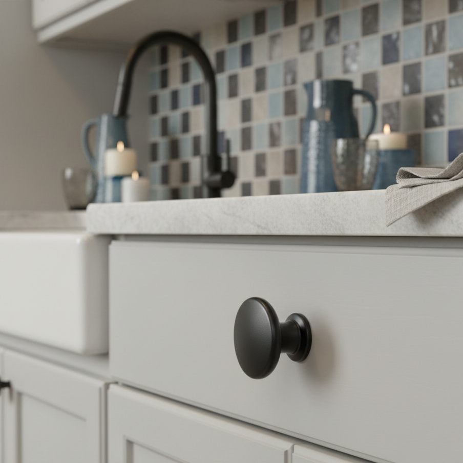 Kitchen cabinet with black knobs and a tiled backsplash
