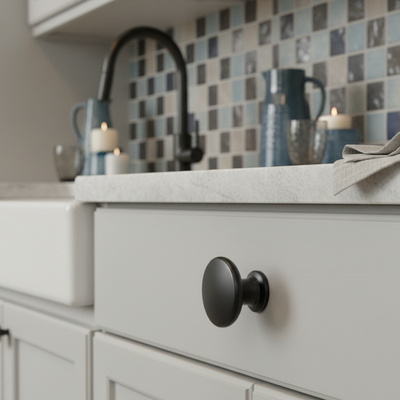 Kitchen cabinet with black knobs and a tiled backsplash
