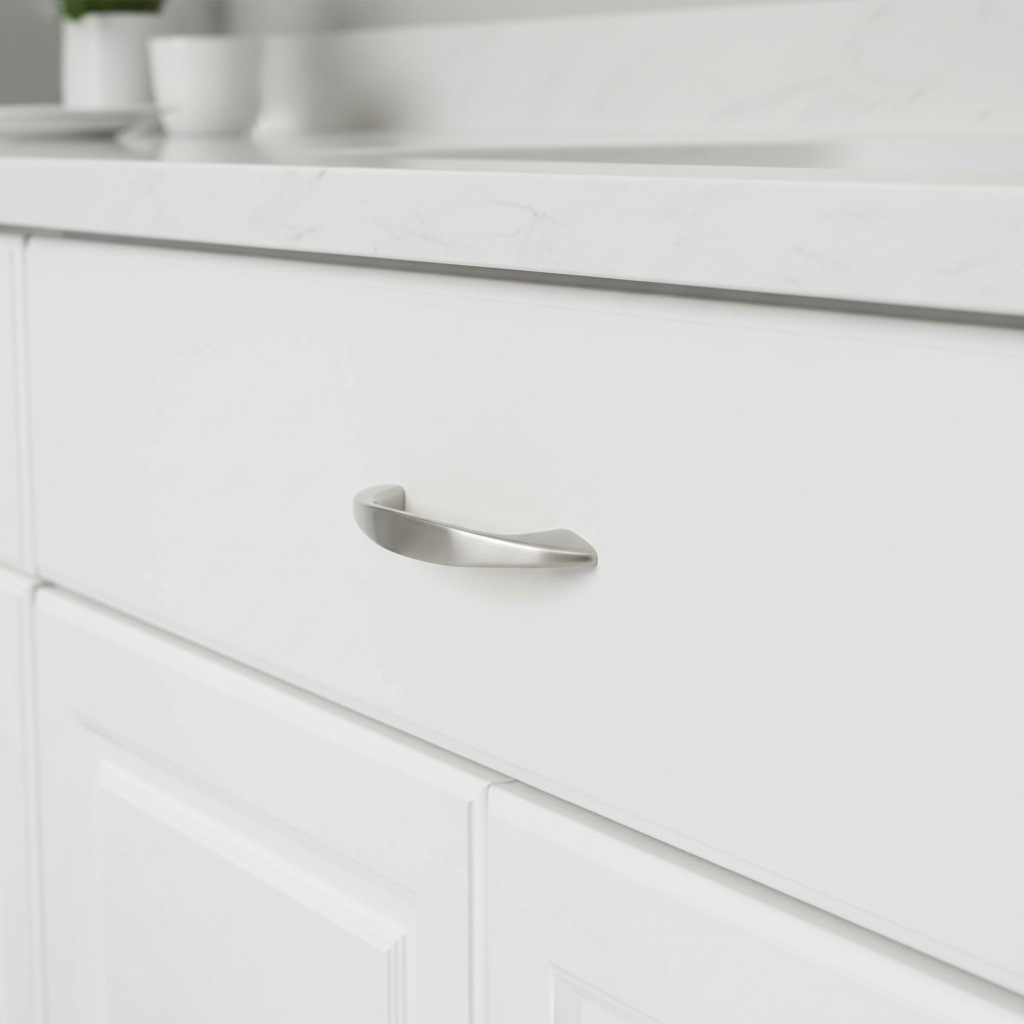 Close-up of a white cabinet with a silver handle in a kitchen setting