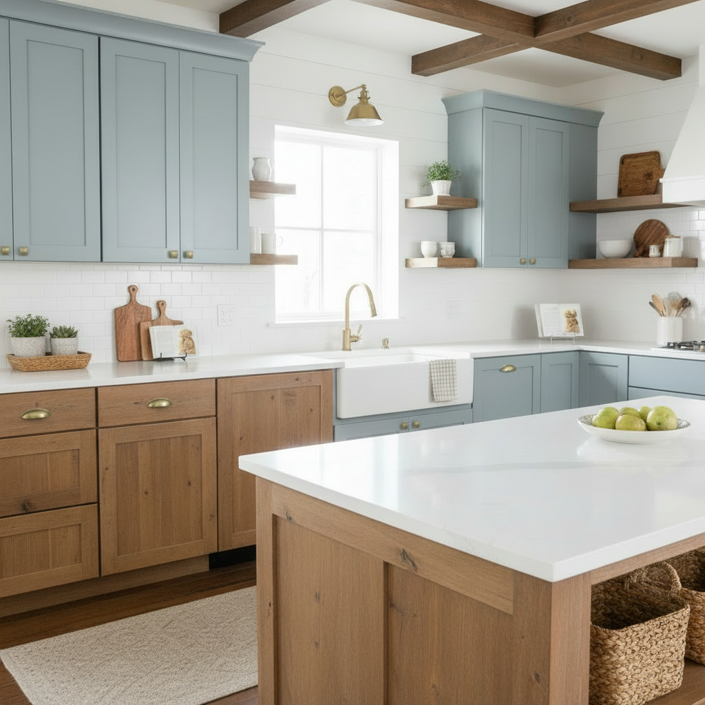 A modern country kitchen features brushed antique brass cup pulls  with light blue cabinets, wooden island, and white countertops.
