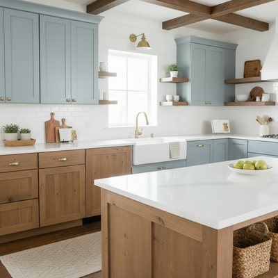A modern country kitchen features brushed antique brass cup pulls  with light blue cabinets, wooden island, and white countertops.
