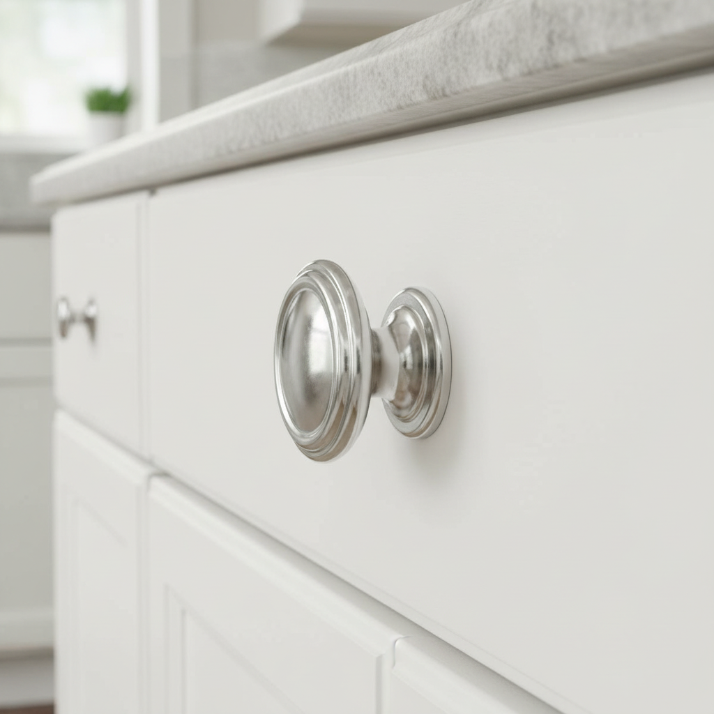 chrome round knob on a white drawer in a kitchen