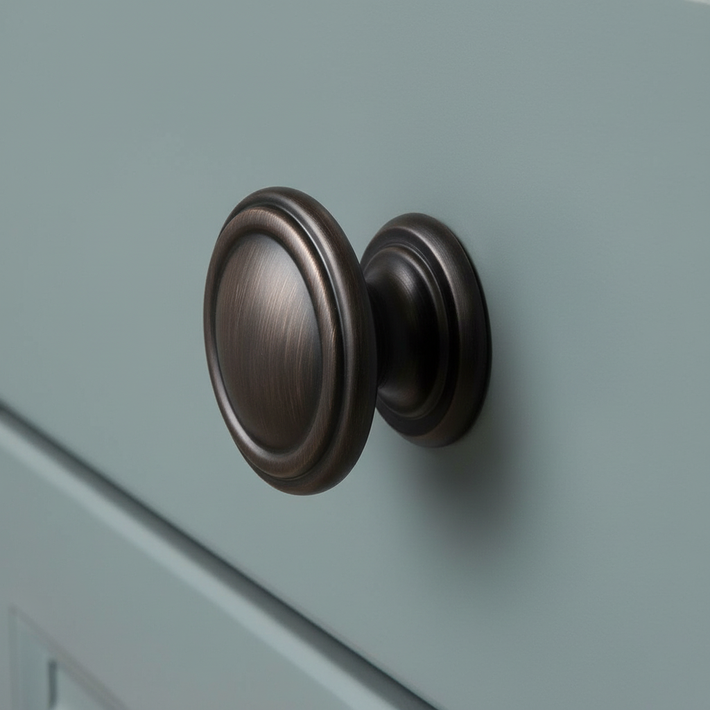 oil rubbed bronze cabinet knob on a blue drawer 1:1 ratio 
