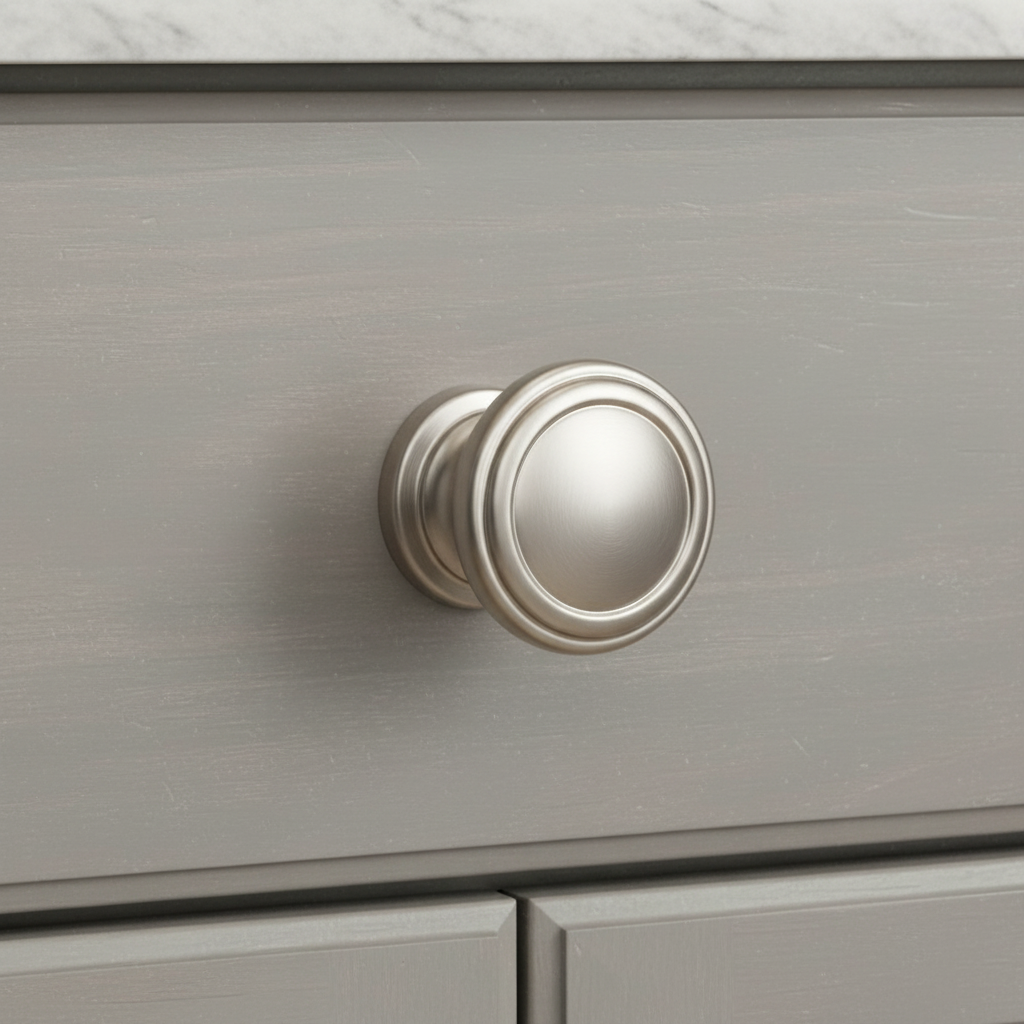 Silver cabinet knob on a gray cabinet door