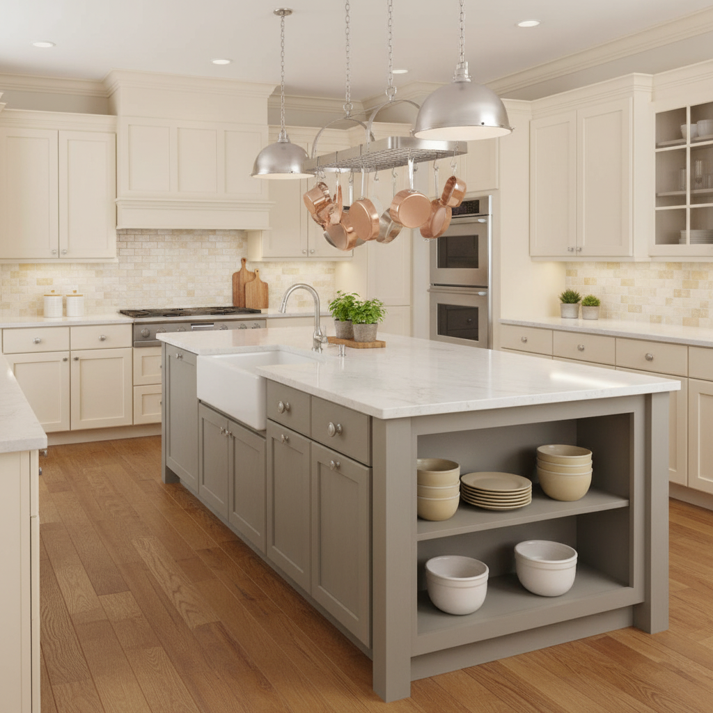 Modern kitchen with a central island, white countertops, and wooden flooring.