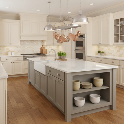 Modern kitchen with a central island, white countertops, and wooden flooring.