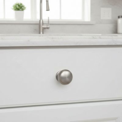 Close-up of a kitchen cabinet with a silver knob in a bright kitchen setting.