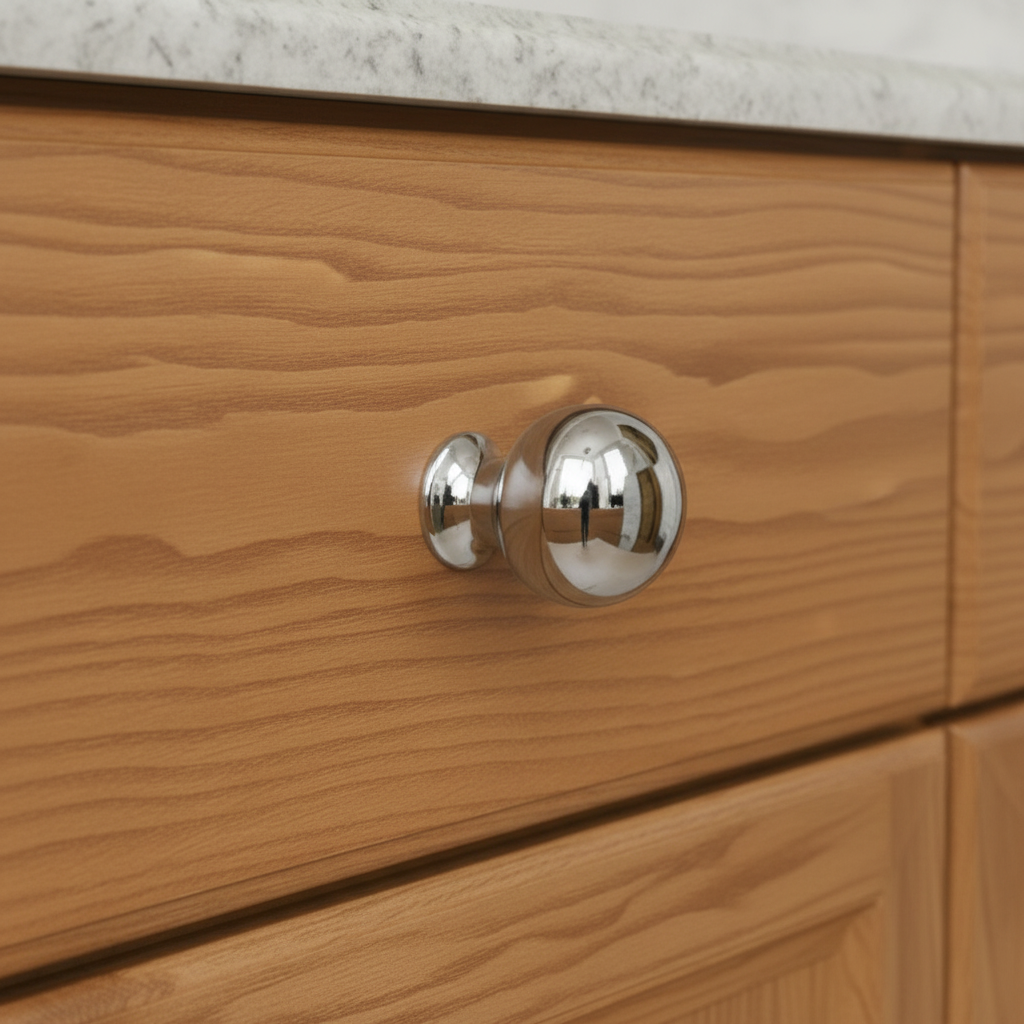 Wooden cabinet with a shiny silver knob