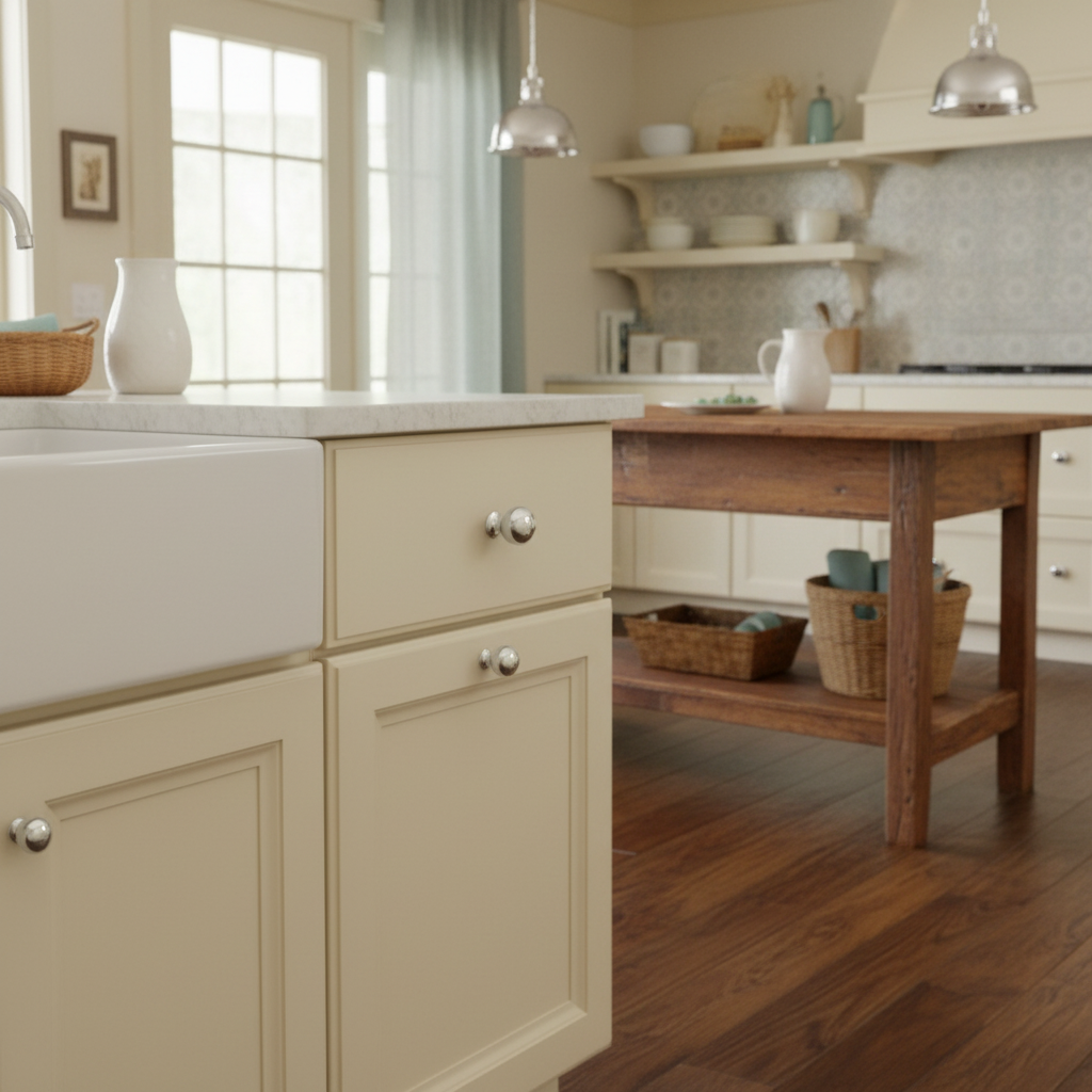 Kitchen with beige cabinets, wooden island, and various kitchen items.