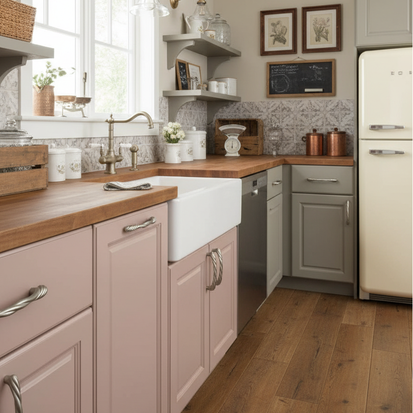 satin nickel cabinet handle on a wooden drawer