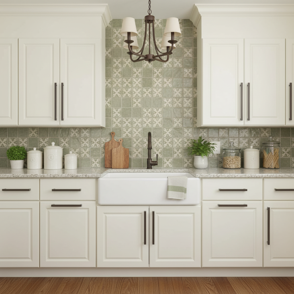 Wooden cabinet with a black handle on a kitchen counter.