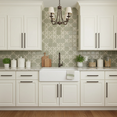 Wooden cabinet with a black handle on a kitchen counter.