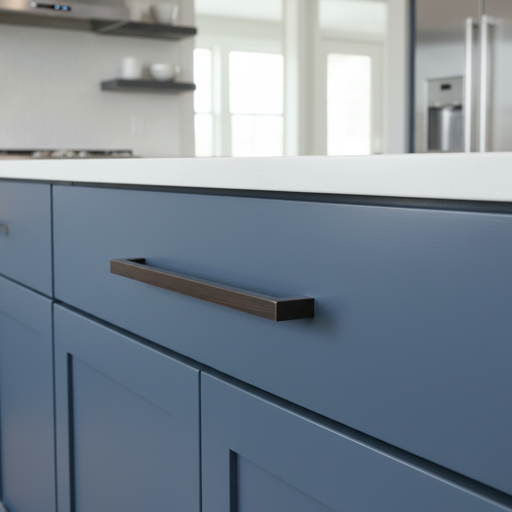 Close-up of a blue kitchen cabinet with a black handle in a modern kitchen setting.
