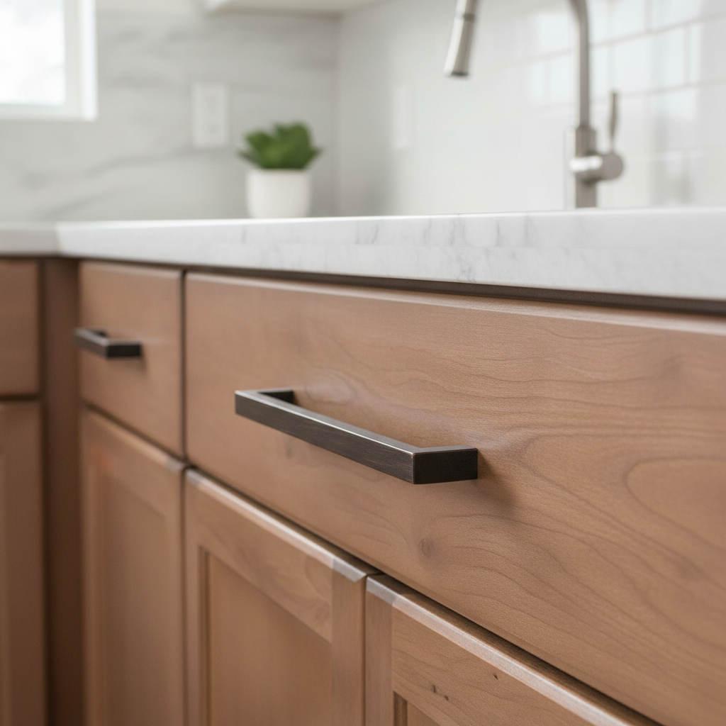An oil rubbed bronze cabinet pull by Cosmas with a modern contemporary design.