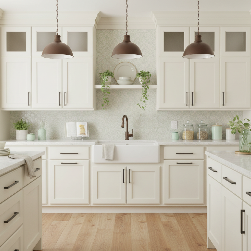 Wooden cabinet with black handle and black knob on a kitchen counter.