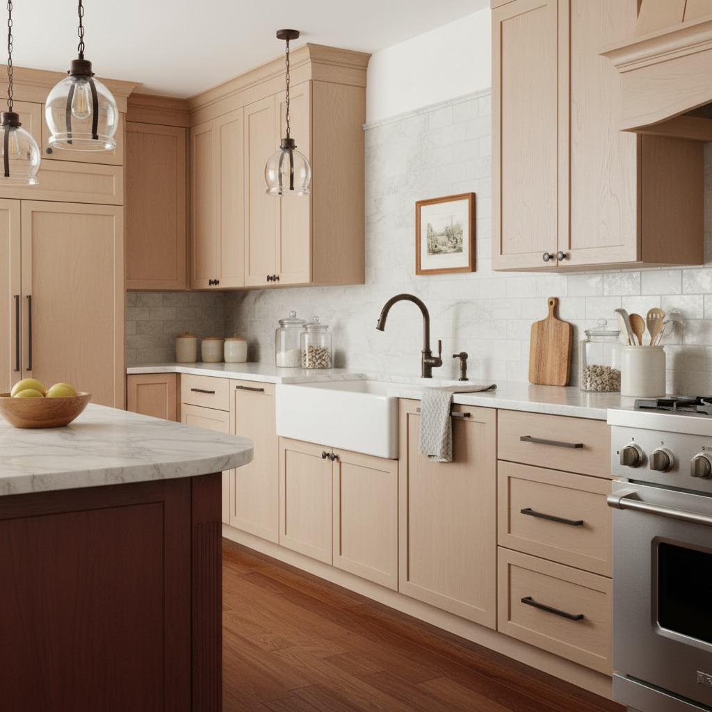 Close-up of a kitchen cabinet with marble countertop and modern design.