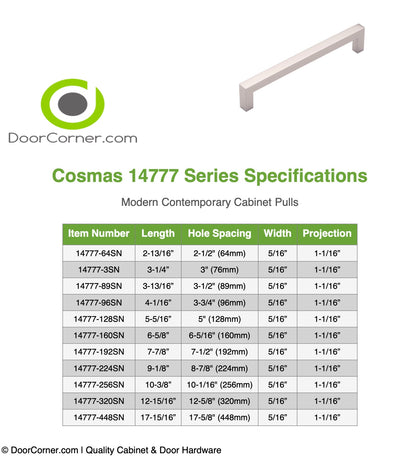 Cosmas 14777-64SN Satin Nickel Modern Contemporary Cabinet Pull