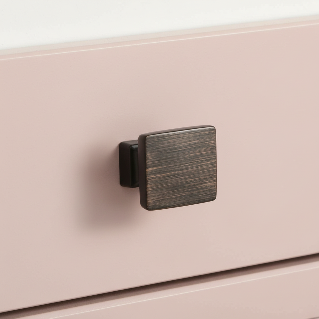 oil rubbed bronze cabinet knob on a pink drawer