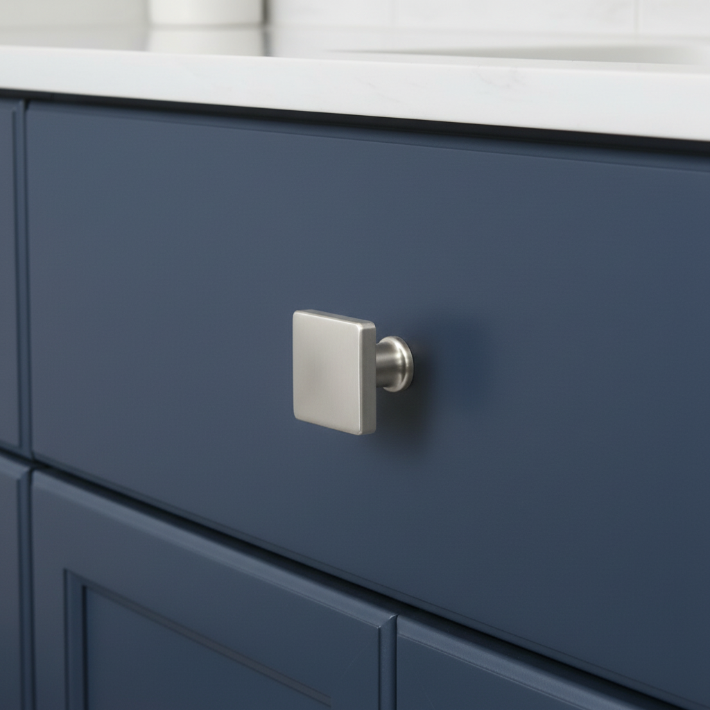 Close-up of a blue cabinet with a silver handle