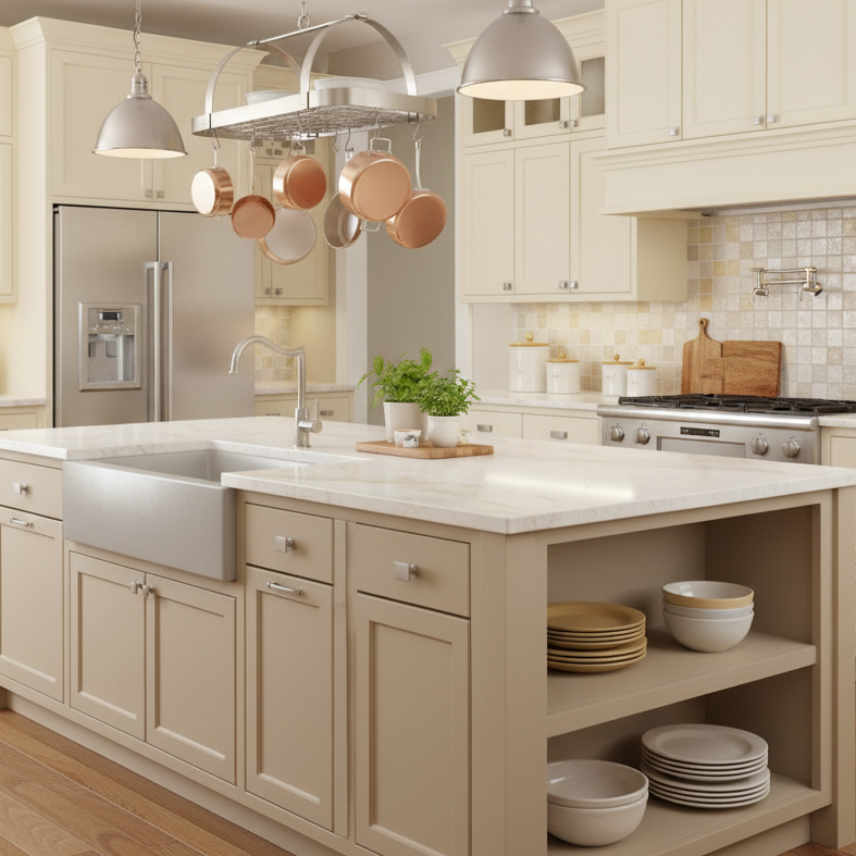 Modern kitchen with beige cabinets, marble island, and stainless steel appliances.