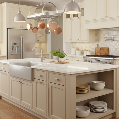 Modern kitchen with beige cabinets, marble island, and stainless steel appliances.
