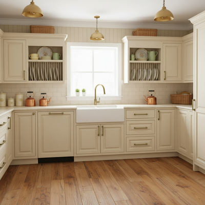Brushed antique brass handles in an English Cottage style kitchen with white cabinets, wooden floor, and window above the sink.