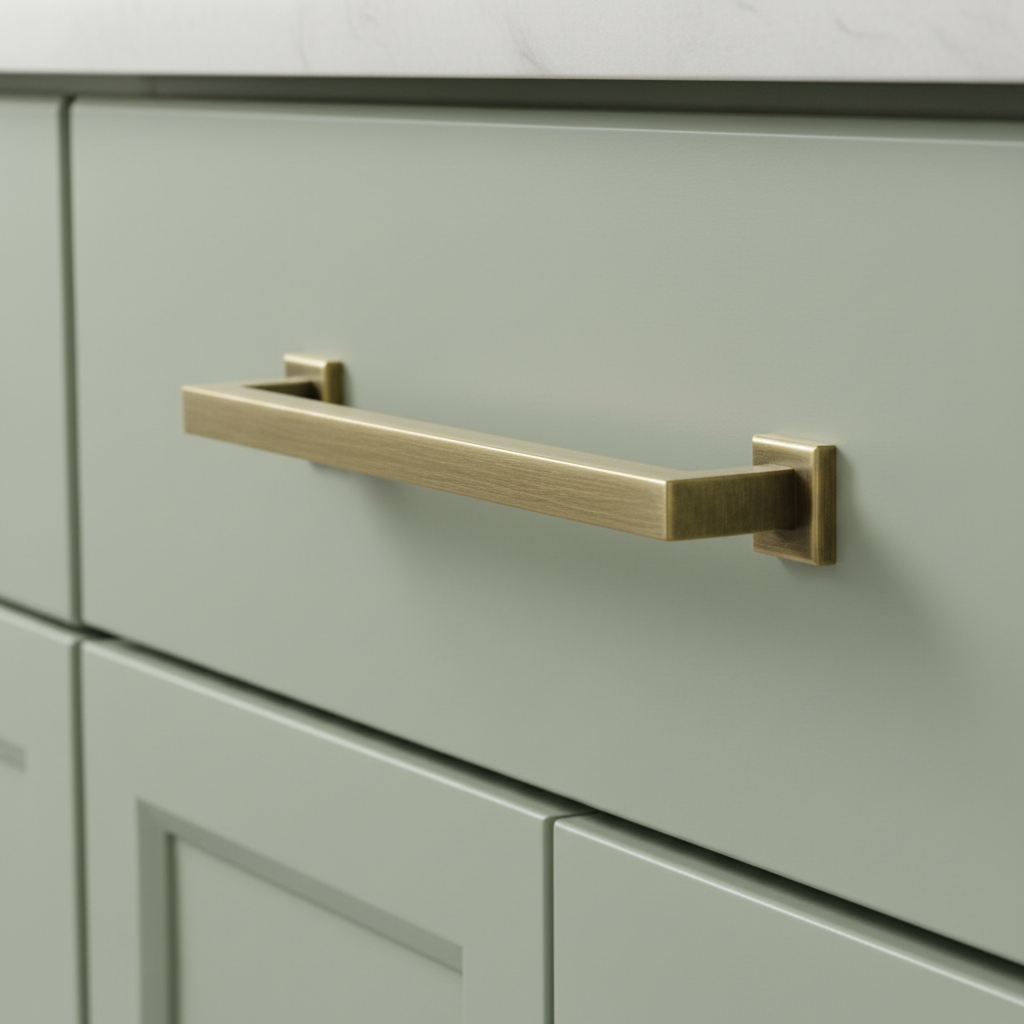 Brushed antique brass cabinet handle on a light green cabinet