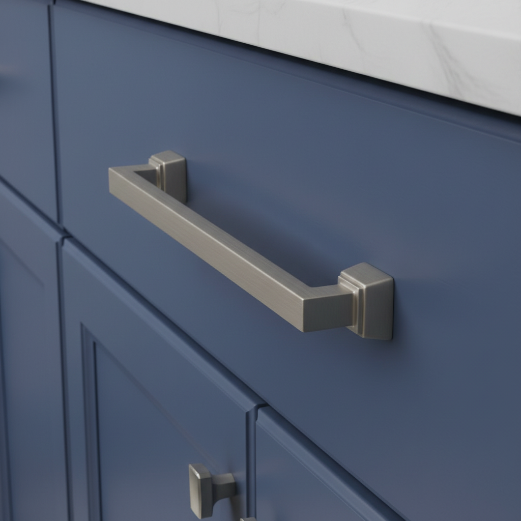 Metallic cabinet handle on a white background