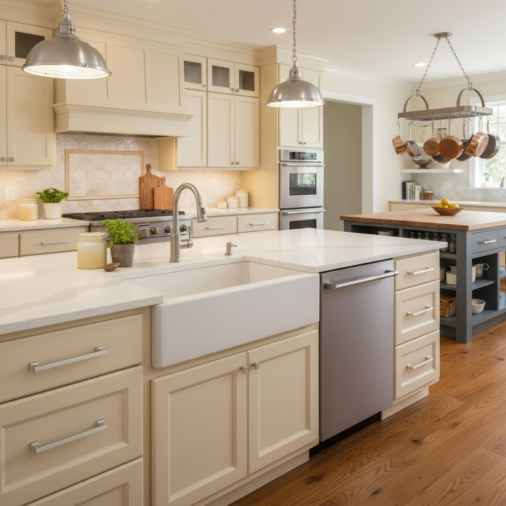 Modern kitchen with white countertops, stainless steel appliances, and wooden flooring.