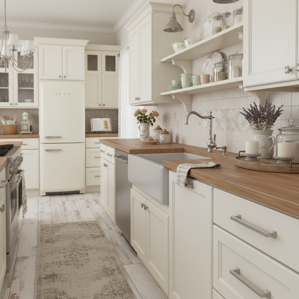Modern kitchen with white cabinets, wooden countertops, and decorative elements.