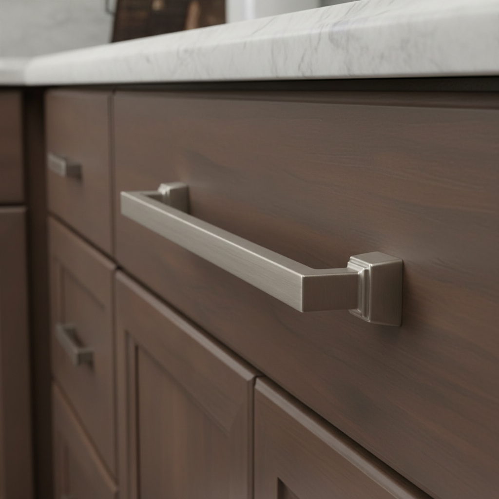 Close-up of a kitchen cabinet with a satin nickel finish handle on a neutral background