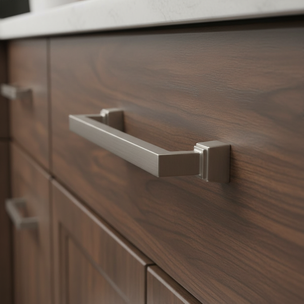 Wooden cabinet with a metallic handle in a kitchen setting