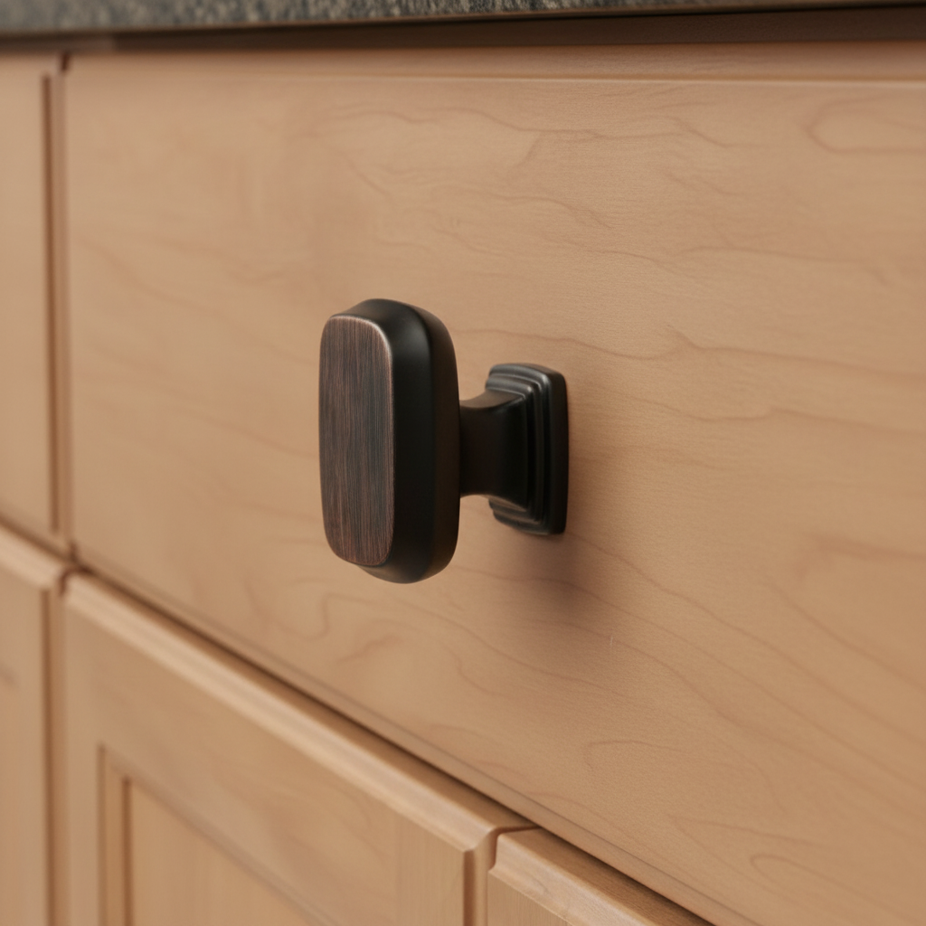 Wooden cabinet with a black handle