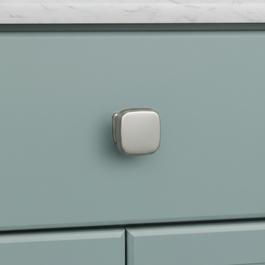 Light blue drawer with a square silver handle on a marble countertop background