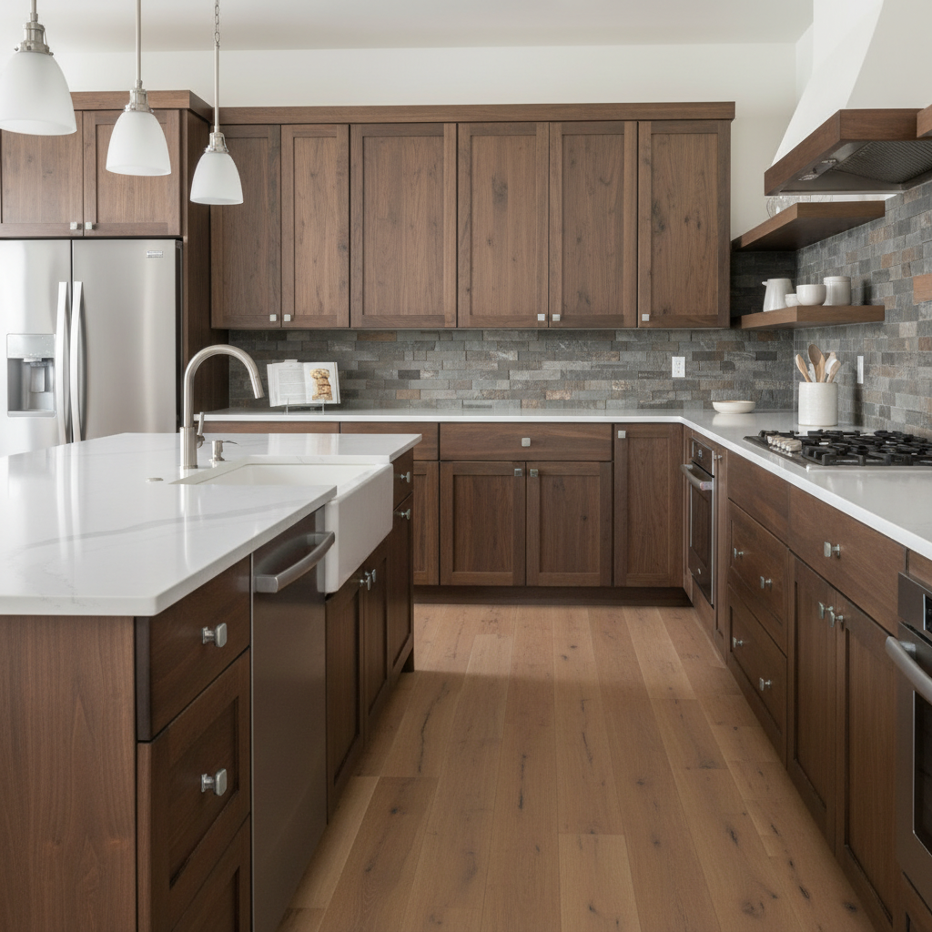 square satin nickel cabinet knobs on a modern kitchen with wooden cabinets, stainless steel appliances, and white countertops.