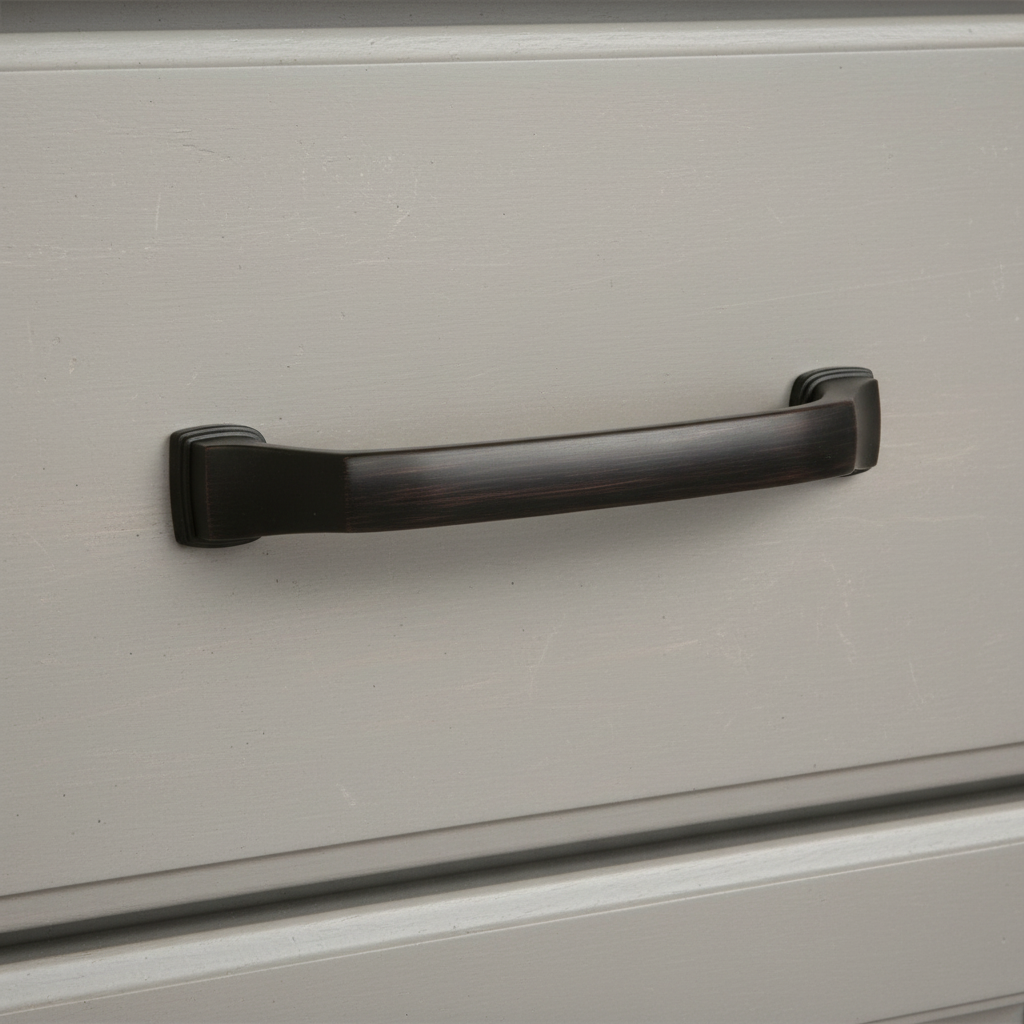 modern pull in oil rubbed bronze on a gray drawer front