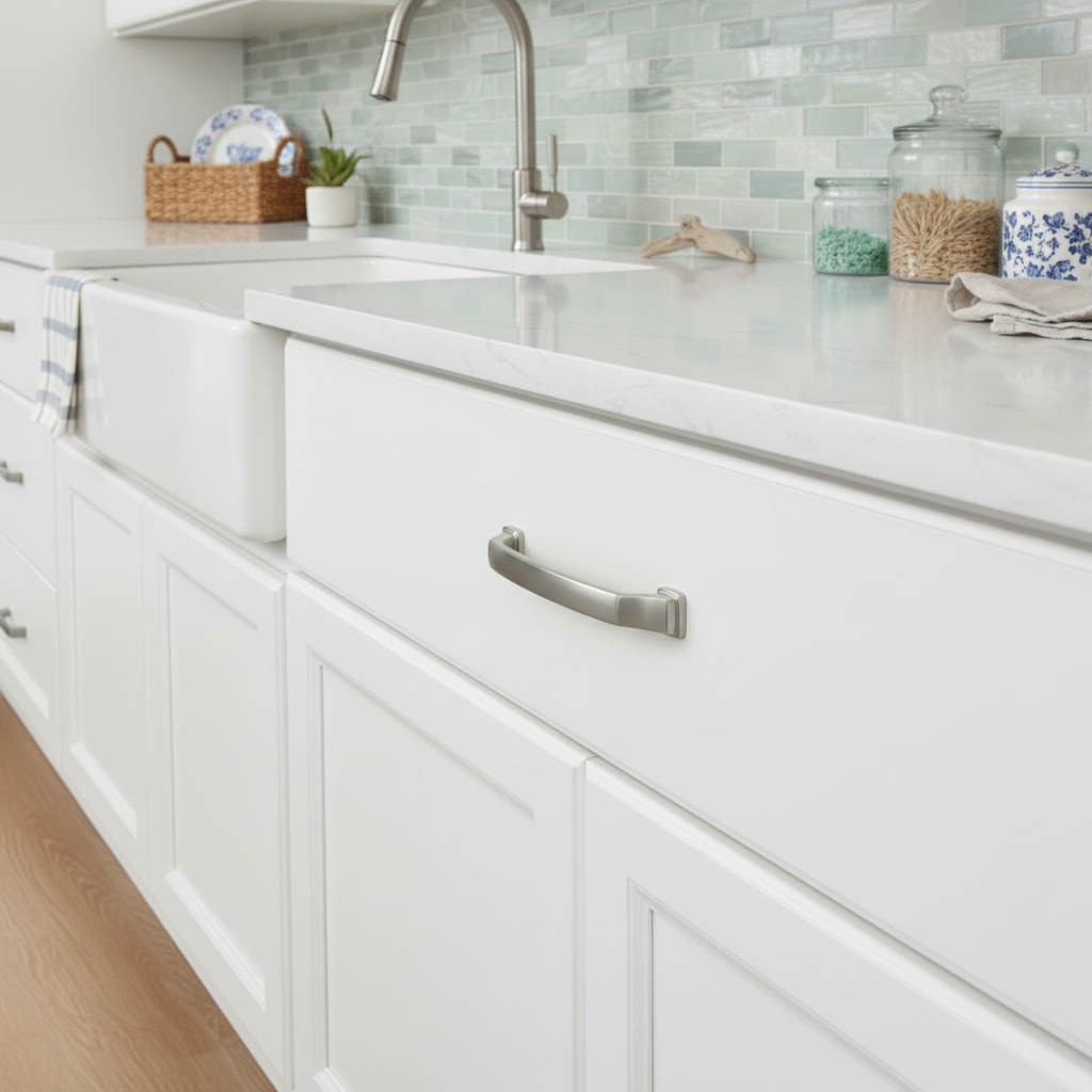 Satin nickel cabinet pull on white kitchen cabinets with a sink and countertop