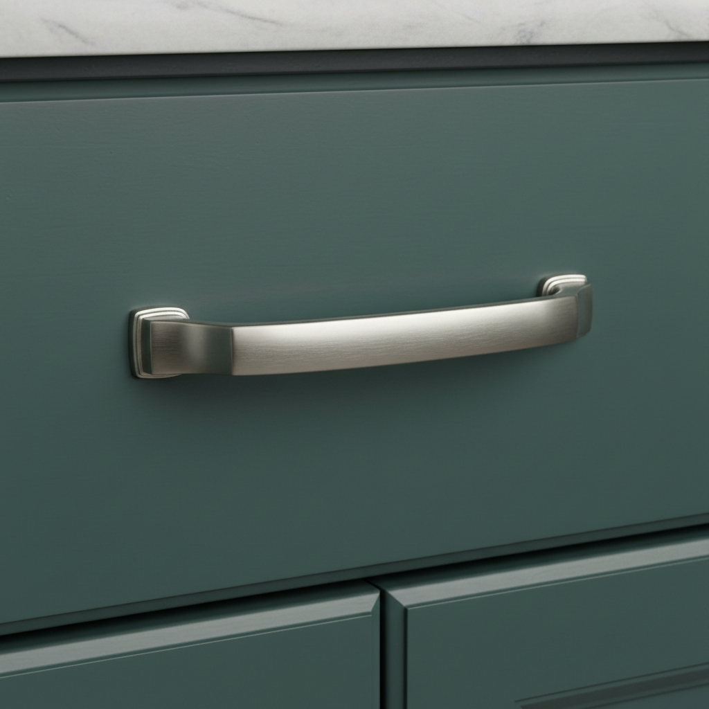 Green cabinet with a satin nickel handle on a marble countertop